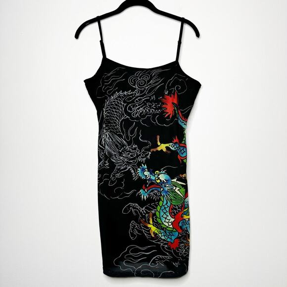 Ed Hardy Vintage Mesh Mini Dress in Black Tattoo Dragon Print Size Large - Picture 1 of 8
